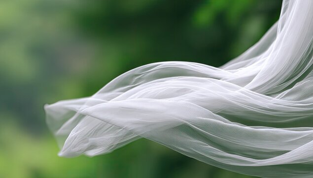 Delicate white fabric billowing in a gentle breeze against a blurred green backdrop