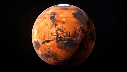 Fototapeta premium Photorealistic rendering of Mars against deep black. Brown, orange and dark patterns across the surface, with polar ice cap. Starfield background