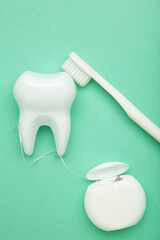 Healthy dental equipment tools for dental care. Plastic tooth with dental floss and toothbrush on...