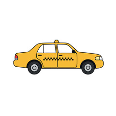 A bright yellow taxi cab, depicted in a 2D flat vector illustration with clean lines and a minimalist style, presented in a side view and isolated on a pristine white background.