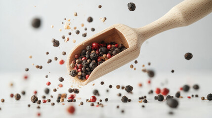 Spices floating with wooden scoop placed below white kitchen backdrop clean food packaging shot with black and red peppercorns in motion