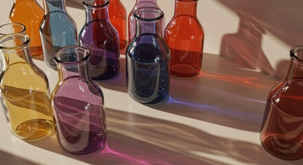 Obraz premium Colored liquids in glass bottles cast vivid shadows on a tan surface under bright sunlight