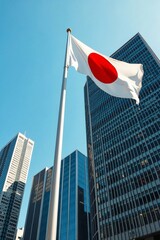 Striking low-angle architectural photograph of a large, pristine Japanese flag waving majestically on a flagpole against a modern building.