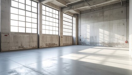 Bright, empty room sunlit concrete floor reflects three large windows. Raw concrete walls and ceiling. Minimal, industrial, spacious