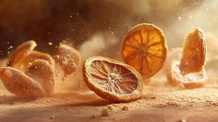 Dried orange slices spinning with citrus powder mist in warm tone background create vintage feel product shot with dynamic motion and textured surface