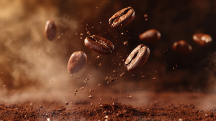 Coffee bean close up with soft coffee mist and powder on matte brown background, creating warm and rich atmosphere with depth of field effect