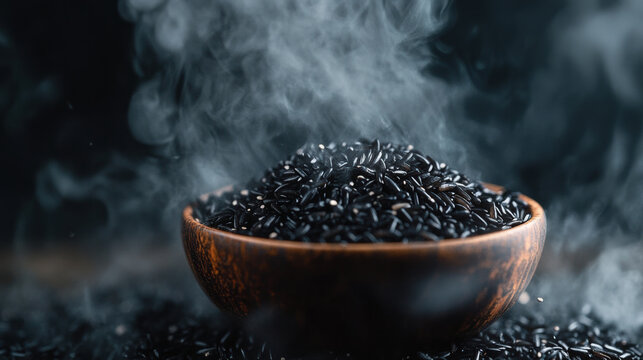 Black rice in wooden bowl with steam rising, creating rich cultural mood and bold contrast against dark background, evoking warmth and natural texture