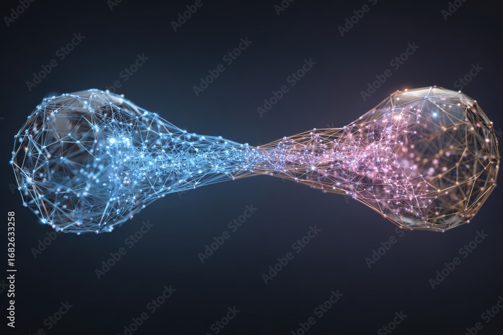 Poster connecting nodes pulsate in blue and pink colors, symbolizing data transfer and digital communicatio
