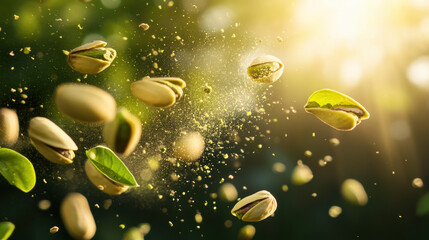 Pistachio nuts flying with green dust trails in warm sunlight, creating natural and vibrant scene with earth tone background and sunny haze effect