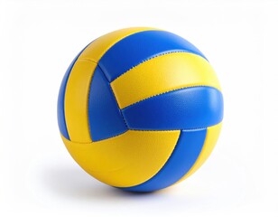 Fototapeta premium A spherical, blue and yellow patterned ball sits on a plain white surface, casting a subtle shadow to the left, showcasing its shape and texture
