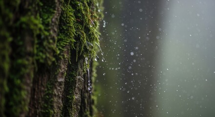 Close-up of moss-covered tree with water droplets in misty forest scene