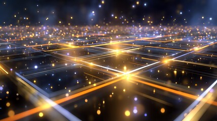 Digital Grid of Light: A mesmerizing view of a digital grid awash in glowing gold and yellow lights, representing interconnected data networks and technological advancement.