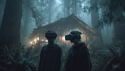 Two figures in VR headsets, facing a rustic cabin in a misty forest