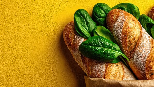 Crusty bread loaves and spinach leaves in a brown paper bag against a yellow background - Powered by Adobe