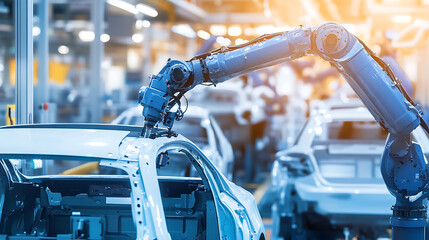 Robotic Arm Assembling Car Frames in a Modern Factory