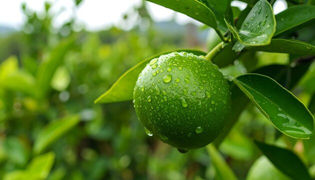Close-up of a wet lime on a tree branch. Lush green leaves and blurry background