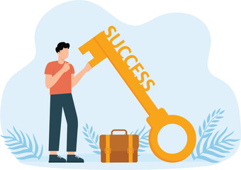 Businessman with Key of Success, Holding key to unlock business concept,