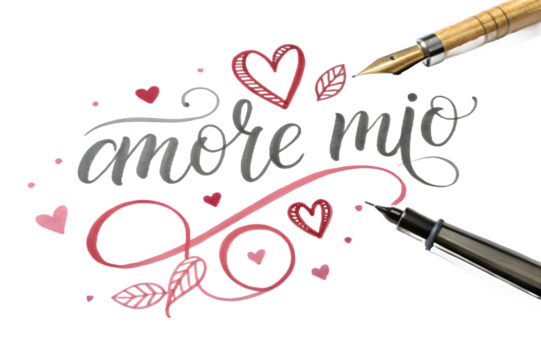 Elegant amore mio calligraphy with hearts and flourishes on black background