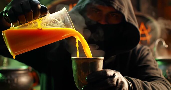 A mysterious hooded figure in a dark lab pours a steaming orange potion from a beaker into a metal goblet.