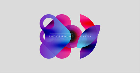Abstract shapes overlap, creating vibrant color gradients. Text reads background design centered above gray backdrop. Modern, minimalist aesthetic.