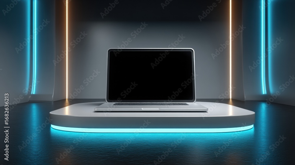 Poster sleek laptop displayed on a modern pedestal with illuminated edges in a futuristic setting.