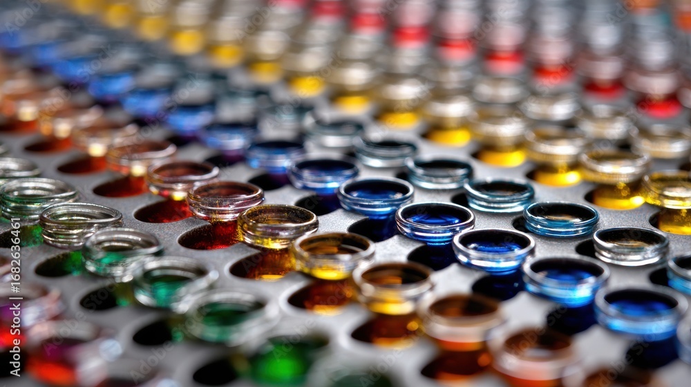 Poster a grid of glass gems in various colors is displayed on a textured black surface, creating a vibrant 
