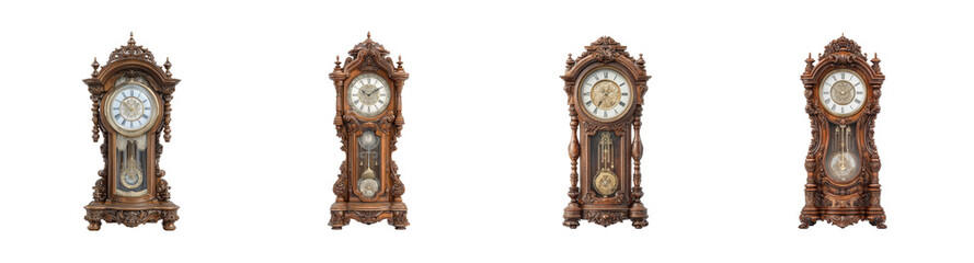 Ornate Antique Grandfather Clocks PNG set Isolated on Transparent backround