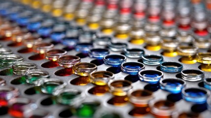 Fototapeta premium A grid of glass gems in various colors is displayed on a textured black surface, creating a vibrant and visually striking arrangement full of reflections.