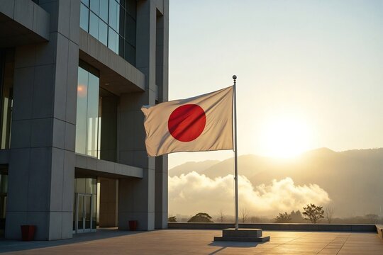 Minimalist architectural photograph of the Japanese flag hanging still against the clean, geometric lines of a modern building.