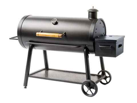 Black offset smoker barbecue grill isolated on transparent background