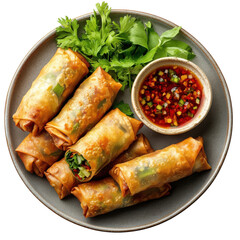 Crispy spring rolls with dipping sauce on a plate showcasing asian cuisine and fresh herbs perfect for appetizers or a light meal delicious food (152) on transparent background