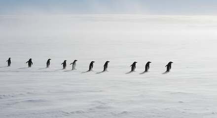 Fototapeta premium A line of penguins waddling across a vast, snowy landscape under a bright, overcast sky. Iceland Antarctica view of ice bergs icy landscape. Snow and ices of the Antarctic islands.