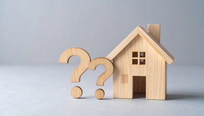 A wooden house model stands behind two wooden question marks on a grey surface, suggesting uncertainty about housing or real estate matters