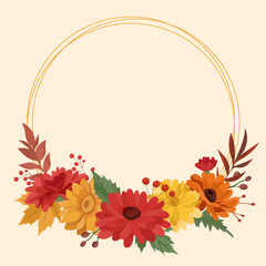 Obraz premium Round autumn floral circular frame Fall garden flowers Yellow orange and red plants
