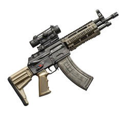 Modified AK Rifle with Red Dot Sight Tan and Black Weapon, isolated on a transparent background