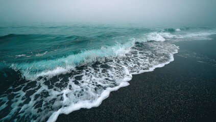 Fototapeta premium Misty ocean wave breaking on dark sand beach
