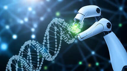 Robot Arm Interacting with a Glowing DNA Strand in a Futuristic Setting