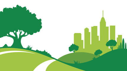 Obraz premium Urban Greenscape Illustration A Nature-Integrated Cityscape with Lush Greenery and Architectural Skyline, Promoting Sustainable Living