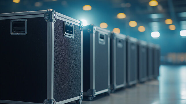 A row of black transport cases with metallic edges, set in a softly lit environment, creating a focused and professional atmosphere.