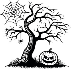 Spooky halloween tree with spiderweb and jack-o'-lantern symbolizing autumn festivity and scary occasion vector