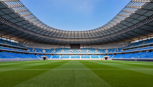 super detailed Modern empty stadium with green field and grandstands under clear sky sports arena 