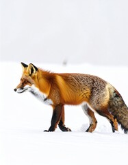 Obraz premium A solitary red fox trudges through deep snow, its orange fur contrasting starkly against the white winter landscape, head held high