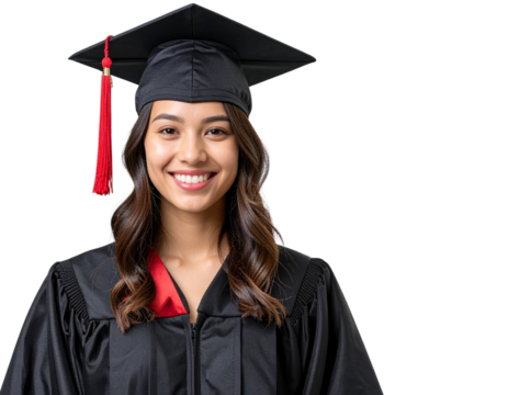 A smiling young woman wearing a black graduation gown and cap with a red tassel, stan 215492