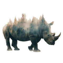 Fototapeta premium Rhino Silhouette Forest Double Exposure Nature Wildlife Conservation, isolated on a transparent background