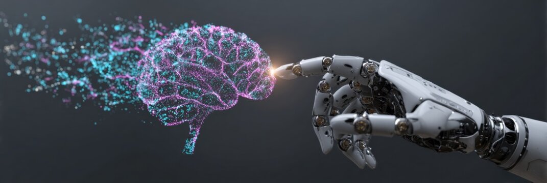 A robotic hand touches a digital brain, releasing colorful sparks that symbolize the link between technology and intelligence.