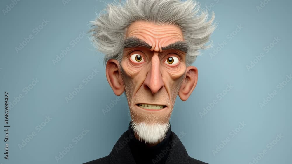 Aufkleber animated elderly man with wild gray hair transitions from stern expression to surprise and finally t