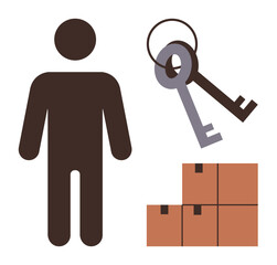 Human figure, two keys on a ring, and three stacked boxes. Ideal for logistics, storage, real estate, access management, securing assets ownership transfer responsibility. Minimal flat metaphor