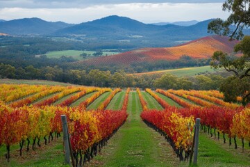 Fototapeta premium Rolling vineyard landscape with autumn foliage 