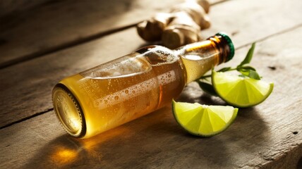 Refreshing bottle of ginger beer with lime wedges and fresh ginger on rustic wooden surface in golden sunlight
