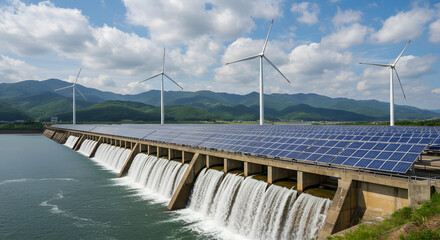 Aerial Landscape Photo of Hybrid Renewable Energy Power Generation: Hydroelectric Dam with Cascading Water Flanked by Wind Turbines and a Floating Solar Panel Array on the Reservoir Against Mountain B